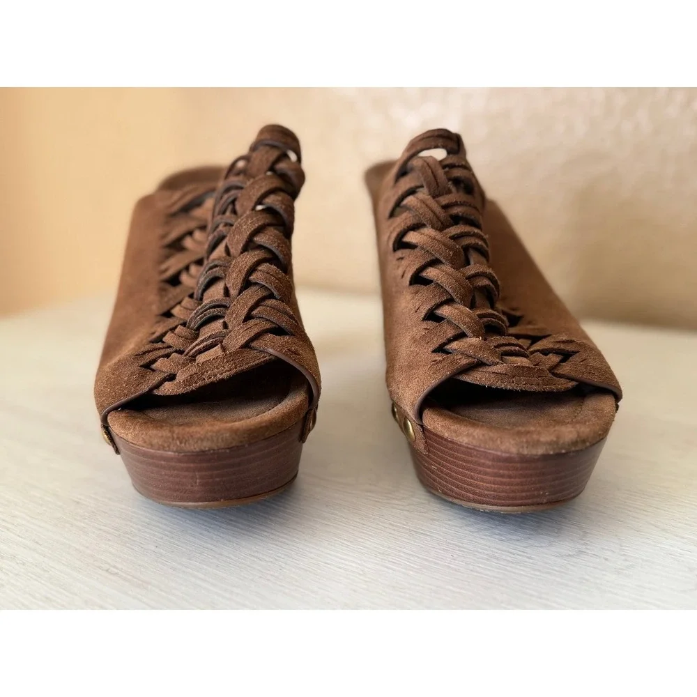Michael Kors Brown Suede Woven Platform Mules Studded Block Heel 8M 38.5